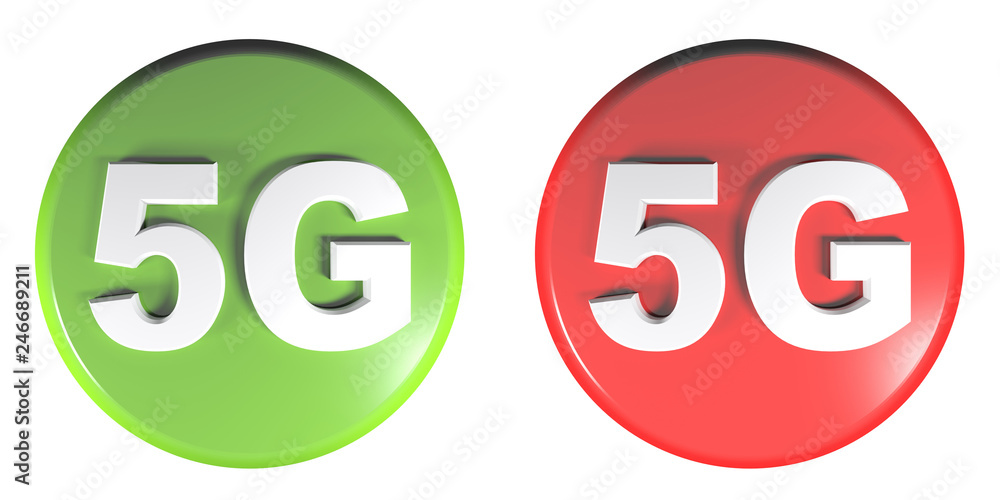 Poster green and red circle push buttons 5g - 3d rendering illustration