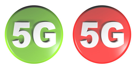 Green and Red circle push buttons 5G - 3D rendering illustration