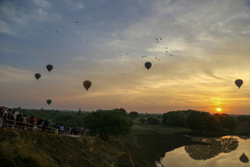 hot air balloons on the temples. Bagan Myanmar