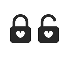 Lock icon set with heart shape, black isolated on white background, vector illustration.
