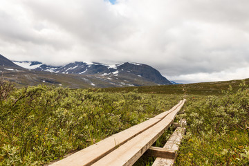 Footbridge leading the way towards mountains and across bush and swamp during the hike of Kungsleden (Kings trail) in northern Sweden in late summer. 