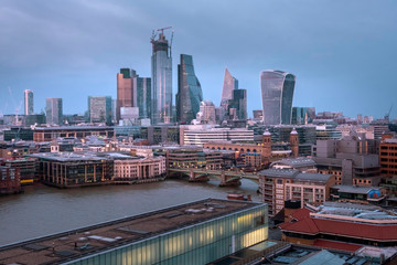 Fototapeta na wymiar Panoramic view of London skyscrapers in the financial district in the evening, after sunset