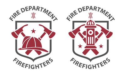 Red vintage fireman pictograms in grey shield