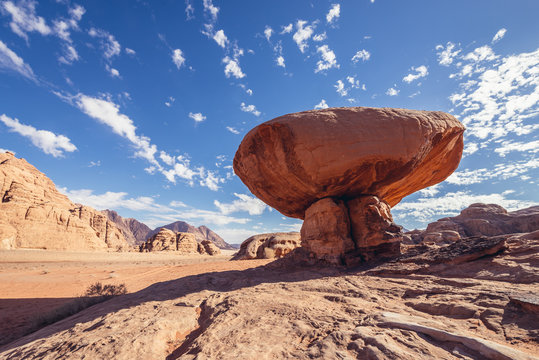 Mushroom shaped rock in Wadi Rum also known as valley of light or valley of sand in Jordan