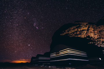 A sky full of stars above tourist camp in Wadi Rum valley in Jordan