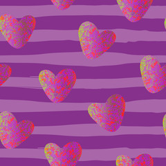 Glittering pink heart seamless pattern on striped background.