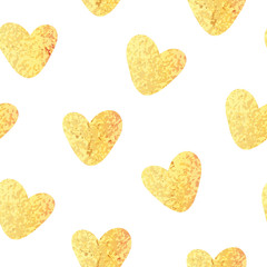 Glittering gold heart seamless pattern on white background.