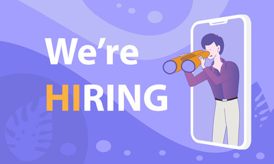 cute man looking through binoculars - we are hiring word