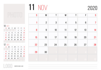 Calendar 2020 planner corporate template design November. Week starts on Sunday.