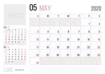 Calendar 2020 planner corporate template design May. Week starts on Sunday.