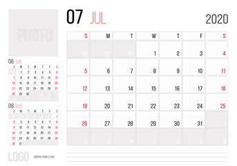 Calendar 2020 planner corporate template design July. Week starts on Sunday.