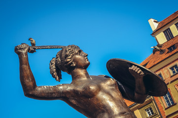 Mermaid Statue, symbol of Warsaw city, capital of Poland, located in the center of Old Town Market Place © Fotokon
