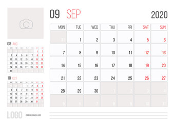 Calendar 2020 planner corporate template design September month