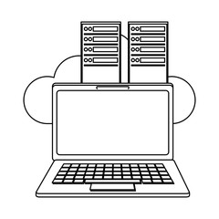 laptop and servers cloud computing black and white