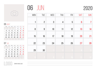 Calendar 2020 planner corporate template design June month