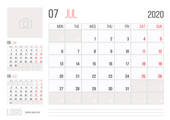 Calendar 2020 planner corporate template design July month