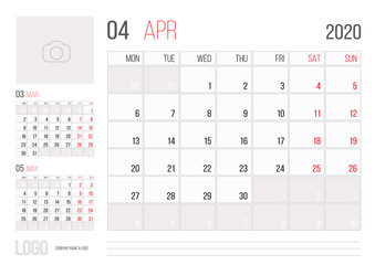 Calendar 2020 planner corporate template design April month.