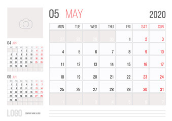 Calendar 2020 planner corporate template design May month