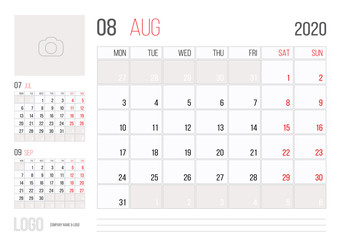 Calendar 2020 planner corporate template design August month