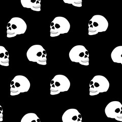 Seamless pattern white human skull on black, vector eps 10