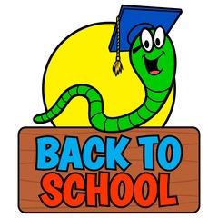 Back to School Bookworm - A vector cartoon illustration of a Back to School Bookworm sign.
