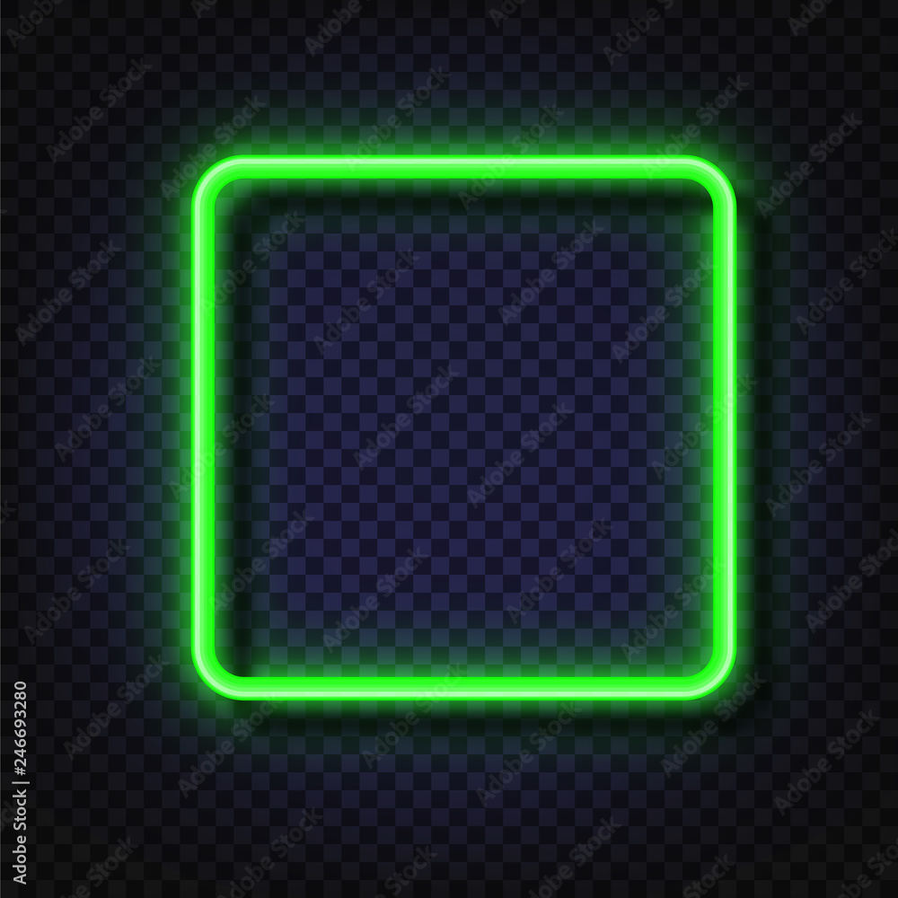 Poster neon light square banner. vector neon light frame sign. realistic glowing green neon square frame is