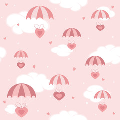 Valentines Hearts with Parachute on Pink Sky Background