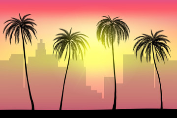 Sunset and tropical palm trees with city landscape background, vector