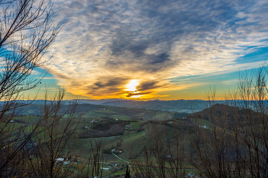 Italy, Bertinoro is a small town placed in Emilia Romagna, located on hill Mount Cesubeo. Here an its sunset.