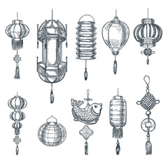 Chinese lantern vector sketch illustration. Traditional China holiday and festival decoration © Qualit Design