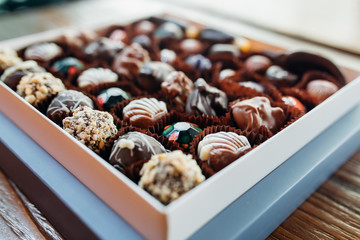 Handmade chocolates or candies in the box. This sweet chocolate gift are delicious, natural, organic luxury and healthy.