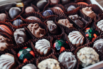 Handmade chocolates or candies in the box. This sweet chocolate gift are delicious, natural, organic luxury and healthy.