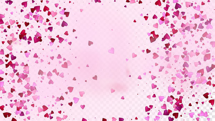 Red, Pink Hearts Vector Confetti. Valentines Day Tender Pattern. Beautiful Pink Frame Valentines Day Decoration with Falling Down Hearts Confetti. Trendy Gift, Birthday Card, Poster Background