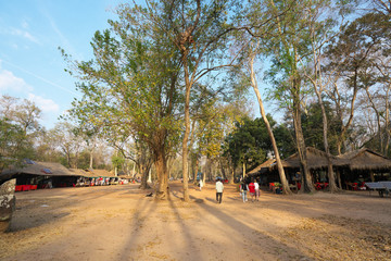 Siem Reap,Cambodia-January 10, 2019: Parking and shops of Prasat Thom in Koh Ker in Siem Reap, Cambodia