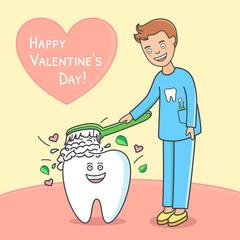 Valentines day dental card. Cartoon tooth and dentist. Dentist brushing tooth. Greetings from dentistry.