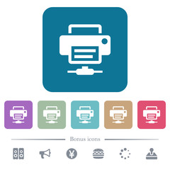 Network printer flat icons on color rounded square backgrounds