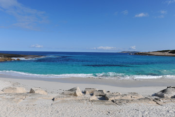 View from Salmon Beach to sea and a distant island of the Recherche Archipelago in the Southern Ocean, near Esperance, Western Australia, Australia 