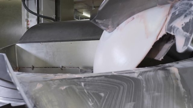 Meat-processing plant. Sausage industry. Final proccess in sausage production. Sausage production line in modern meat factory. Modern food industry. plant and equipment. 4k