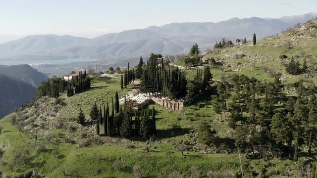Delphi Greece Landscape
Ariel View of Delphi Archaeology with mountain and sea landscape