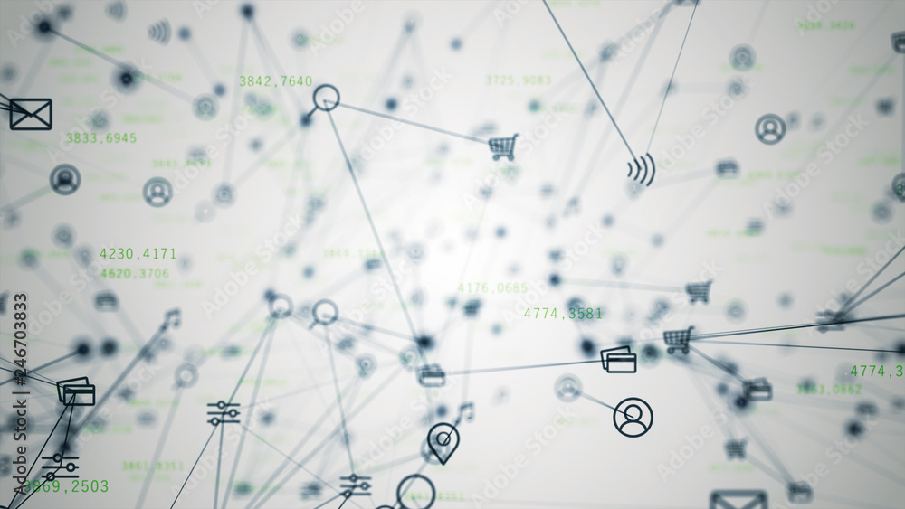 Poster background of randomly moving network and internet related things. online shopping, social networks,