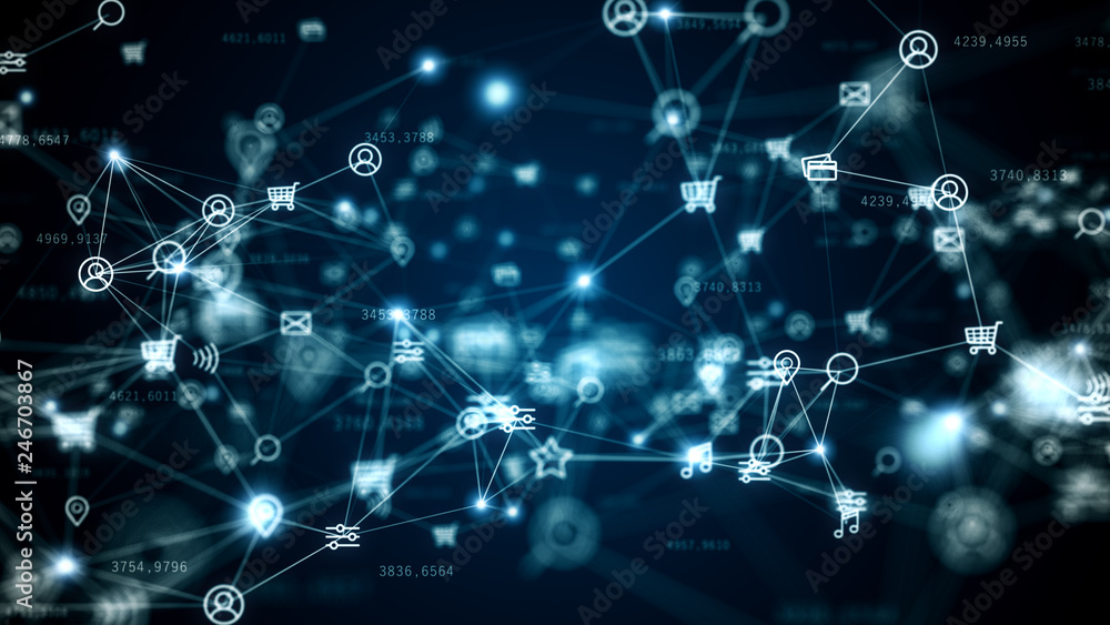 Poster background of randomly moving network and internet related things. online shopping, social networks,