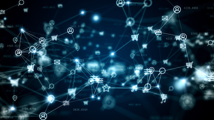 Background of randomly moving network and internet related things. Online shopping, social networks, connections, global connections. 3d illustration