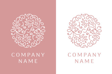 Linear logo of leaves and curls. Unique emblem design for wedding salon, boutique, flower shop, cosmetic products