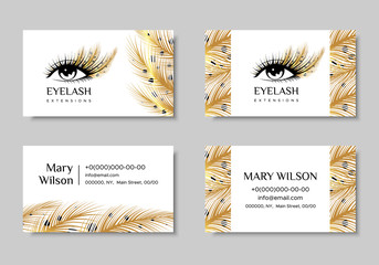 Branding for salon eyelash extension, shop cosmetic products, lashmaker, stylist. Logo, business card. Design with Golden feathers. Vector illustration in modern style