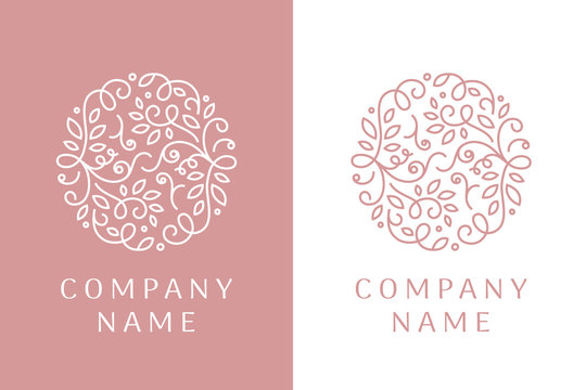 Linear logo of leaves and curls. Unique emblem design for wedding salon, boutique, flower shop, cosmetic products