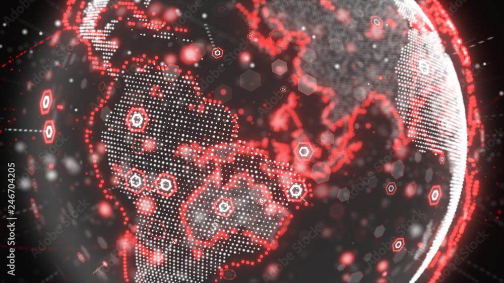 Poster 3d illustration of digital planet earth data abstract of a technological data network transmitting c
