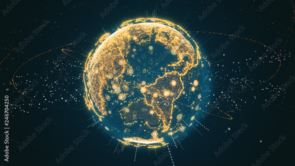 Poster 3d illustration of digital planet earth data abstract of a technological data network transmitting c