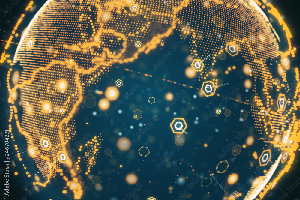 Poster 3d illustration of digital planet earth data abstract of a technological data network transmitting c