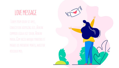 Obraz na płótnie Canvas Girl in park catches the love envelope. Romantic card in trendy flat linear style. Vector banner.