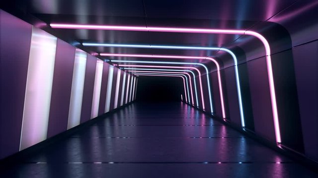 Moving forward inside an endless tunnel with glowing blue and pink neon lines and white lamps.  From frame 100 till 300 are looped animation. Fluorescent ultraviolet light modern illumination. ProRes.